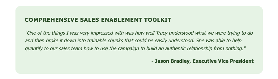 5ironCyber comprehensive sales enablement toolkit quote from Jason Bradley Executive Vice President about trainable marketing campaign chunks and authentic relationship building