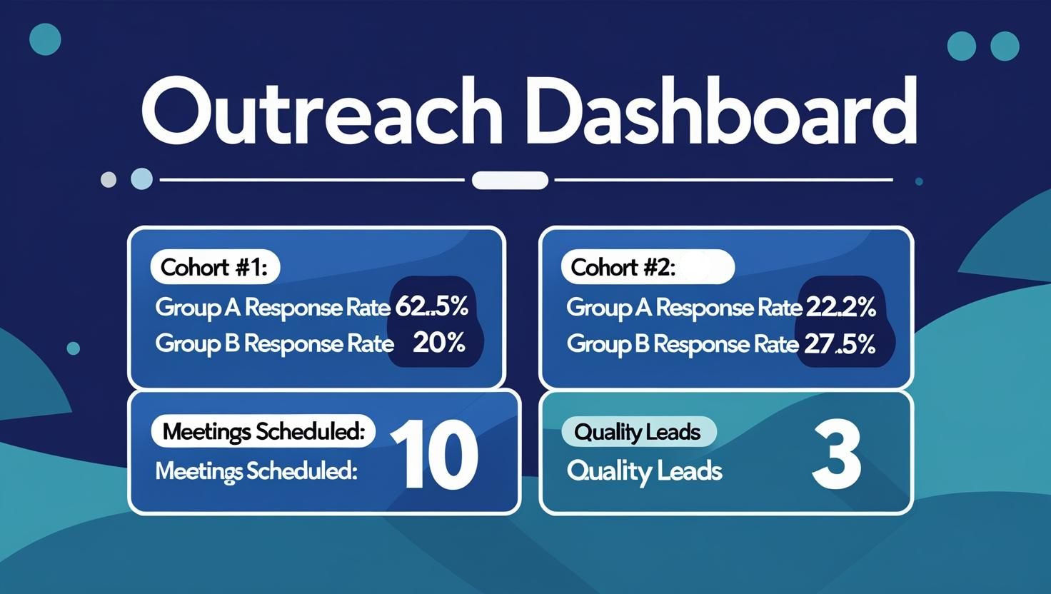 Marketing automation dashboard showing LinkedIn outreach results with A/B testing data across two cohorts, including response rates, scheduled meetings, and quality leads generated
